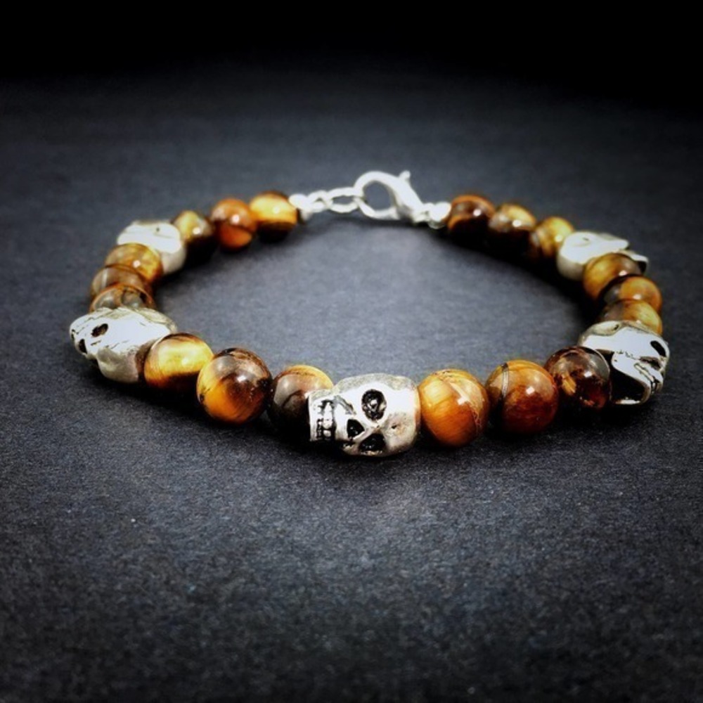 💀Silver Skull and Genuine Tiger’s Eye Beaded Bracelet